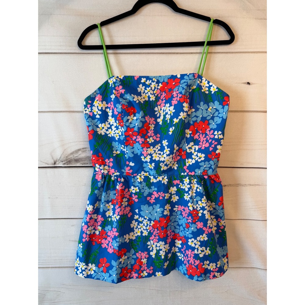 Vintage Sea Waves Floral Swim Top Blue Pink Green Spaghetti Strap Smocked 18
